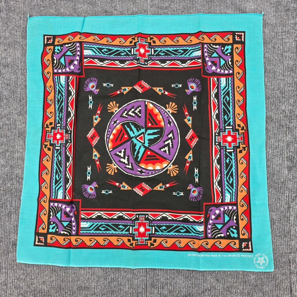 Vintage Wamcraft Bandana USA Made Turquoise Black Southwestern Tribal Scarf 22in